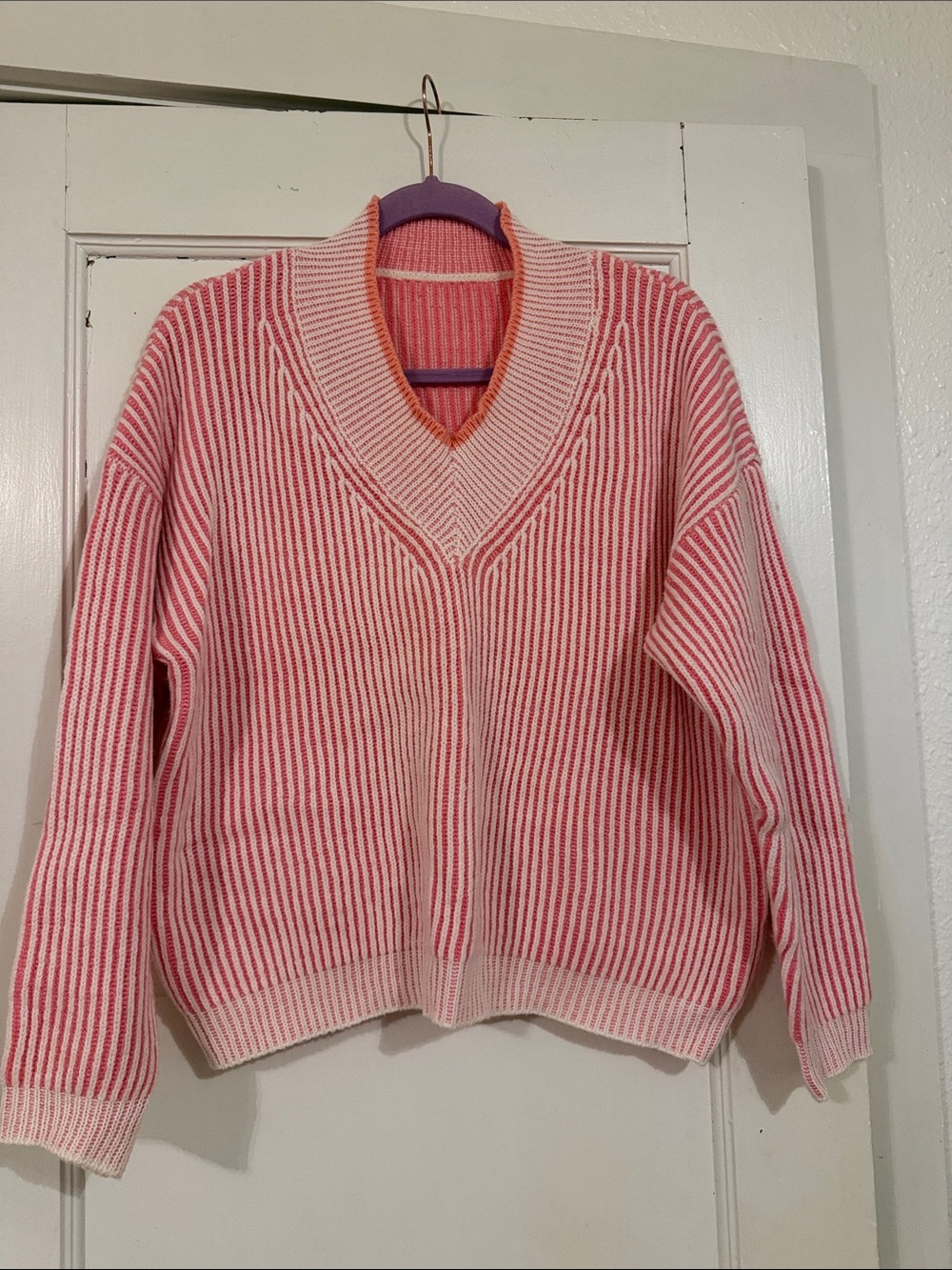 Striped Pink V-Neck Knit Sweater